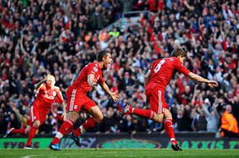 Steven Gerrard leads the celebrations