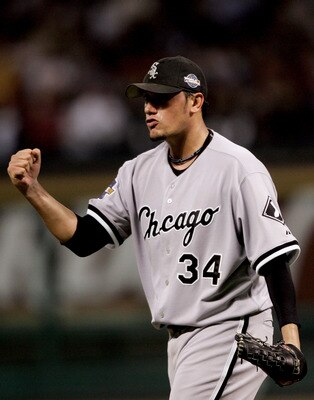 HOUSTON - OCTOBER 26:  Starting pitcher Freddy Garcia #34 of the Chicago White Sox celebrates after striking out Jason Lane#16 of the Houston Astros to end the sixth inning during Game Four of the Major League Baseball World Series against t at Minute Mai