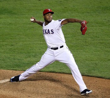 Neftali Feliz in the windup in the ninth inning of game 5
