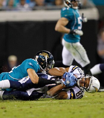 JACKSONVILLE, FL - DECEMBER 05:   Malcom Floyd #80 of the San Diego Chargers makes a catch during a game  against the Jacksonville Jaguars at EverBank Field on December 5, 2011 in Jacksonville, Florida.  (Photo by Mike Ehrmann/Getty Images)