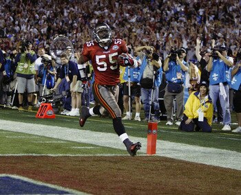 The consummate playmaking linebacker, Brooks returned a fumble for a touchdown in Super Bowl XXXVII.