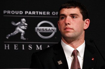 NEW YORK, NY - DECEMBER 10:  Heisman Trophy finalist Andrew Luck of the Stanford University Cardinal speaks during a press conference at The New York Marriott Marquis on December 10, 2011 in New York City.  (Photo by Jeff Zelevansky/Getty Images)