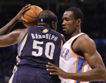 Zach Randolph posts up in the second round NBA playoff series between Memphis and Oklahoma City.