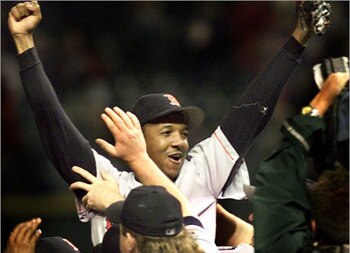 Pedro is jubilant after winning the ALDS against the Indians in 1999.