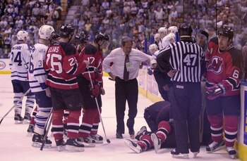 This was the scene after a Tie Domi elbow to the head of Scott Niedermayer in the 2001 playoffs