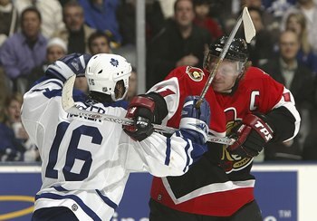 Daniel Alfredsson's hit from behind on Darcy Tucker in the 2002 post-season is one of the most controversial plays in this rivalry's history