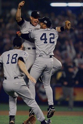Rivera celebrates the final out of the 2000 World Series