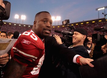 Vernon Davis celebrating after the 49ers big win over the Saints.