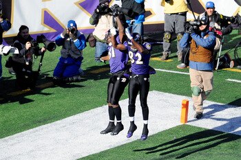 Anquan Boldin and Torrey Smith celebrate a Ravens touchdown in their 20-13 win over Houston.