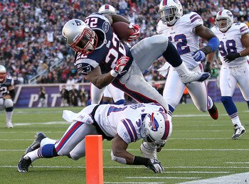 Stevan Ridley dives for extra yardage in New England's 49-21 win over Buffalo.
