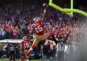 Michael Crabtree celebrates a touchdown reception in the 49ers 36-32 win over the Saints.