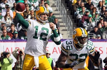 Aaron Rodgers throws a pass during the Packers-Jets game on Halloween 2010.