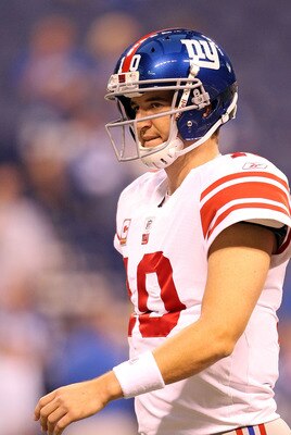 Eli Manning shows his anger during New York's blowout loss to the Colts in 2010.