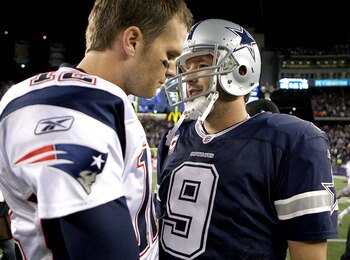 Tom Brady and Tony Romo shake hands after the Patriots dramatic 20-16 win over Dallas.