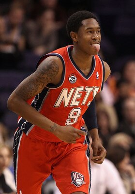 PHOENIX, AZ - JANUARY 13:  MarShon Brooks #9 of the New Jersey Nets reacts after hitting a three point shot against the Phoenix Suns during the NBA game at US Airways Center on January 13, 2012 in Phoenix, Arizona. The Nets defeated the Suns 110-103. NOTE