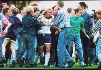 The Tottenham fans bid farewell to Jurgen Klinsmann after the final game of his first spell in 1995.
