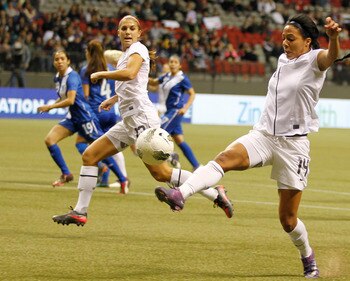 Alex Morgan and # 14 Sydney Leroux in action against Guatemala