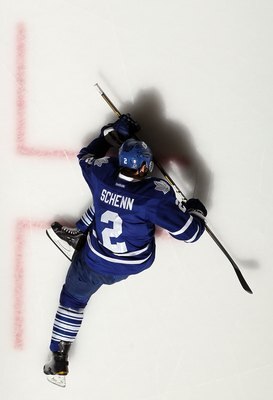 UNIONDALE, NY - JANUARY 24:  Luke Schenn #2 of the Toronto Maple Leafs warms up before playing against the New York Islanders on January 24, 2012 at Nassau Coliseum in Uniondale, New York. The Maple Leafs defeated the Islanders 4-3 after overtime.  (Photo