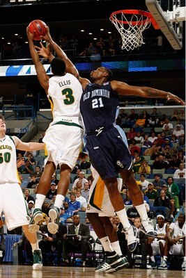 NEW ORLEANS - MARCH 20:  Frank Hassell #21 of the Old Dominion University Monarchs fights for a rebound with Fred Ellis #3 of the Baylor Bears during the second round of the 2010 NCAA men's basketball tournament at the New Orleans Arena on March 20, 2010 