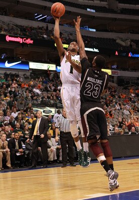 DALLAS, TX - DECEMBER 28:  Perry Jones III #1 of the Baylor Bears takes a shot against Arnett Moultrie #23 of the Mississippi State Bulldogs at American Airlines Center on December 28, 2011 in Dallas, Texas.  (Photo by Ronald Martinez/Getty Images)