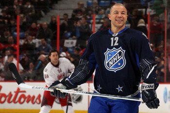 OTTAWA, ON - JANUARY 29:  Jarome Iginla #12 of the Calgary Flames and team Chara looks on during the 2012 Tim Hortons NHL All-Star Game at Scotiabank Place on January 29, 2012 in Ottawa, Ontario, Canada.  (Photo by Christian Petersen/Getty Images)