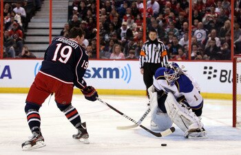 OTTAWA, ON - JANUARY 28:  Ryan Johansen #19 of the Columbus Blue Jackets and team Chara attempts to score on goalie Brian Elliott #1 of the St. Louis Blues and team Alfredsson during the AllState Insureance NHL Breakaway Challenge part of 2012 Molson Cana