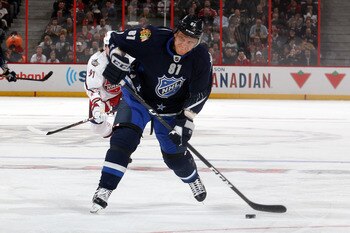 OTTAWA, ON - JANUARY 29:  Marian Hossa #81 of the Chicago Blackhawks and team Chara shoots the puck during the 2012 Tim Hortons NHL All-Star Game at Scotiabank Place on January 29, 2012 in Ottawa, Ontario, Canada.  Team Chara defeated the Team Alfredsson 