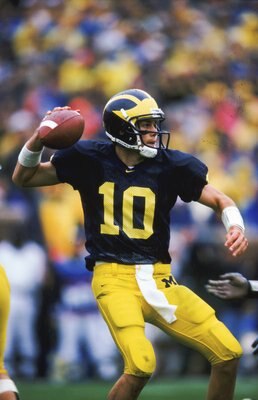 New England's all-pro quarterback, Tom Brady, playing for the Michigan Wolverines in 1999.