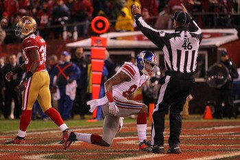 Mario Manningham (82) scores a touchdown in the 2012 NFC Championship game.