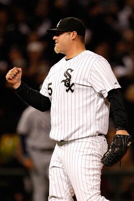 CHICAGO - OCTOBER 05:  Closing pitcher Bobby Jenks #45 of the Chicago White Sox celebrates their 5-3 win against the Tampa Bay Rays in Game Three of the ALDS during the 2008 MLB Playoffs at U.S. Cellular Field on October 5, 2008 in Chicago, Illinois.  (Ph