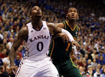LAWRENCE, KS - JANUARY 16:  Thomas Robinson #0 of the Kansas Jayhawks and Perry Jones III #1 of the Baylor Bears box out during the game on January 16, 2012 at Allen Fieldhouse in Lawrence, Kansas.  (Photo by Jamie Squire/Getty Images)