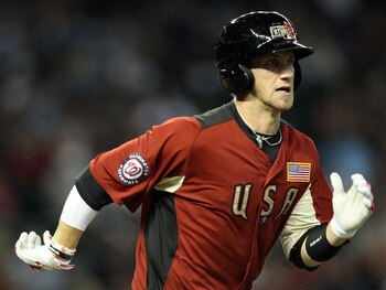 PHOENIX, AZ - JULY 10:  U.S. Futures All-Star Bryce Harper #34 of the Washington Nationals runs to first base as he grounds out in the 2011 XM All-Star Futures Game at Chase Field on July 10, 2011 in Phoenix, Arizona.  (Photo by Christian Petersen/Getty I