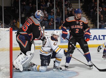 UNIONDALE, NY - FEBRUARY 04: Nathan Gerbe #42 of the Buffalo Sabres skates against the New York Islanders at the Nassau Veterans Memorial Coliseum on February 4, 2012 in Uniondale, New York. The Sabres defeated the Islanders 4-3 in the shootout.  (Photo b