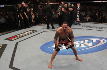 Frankie Edgar celebrating win over Gray Maynard; photo cred: Tracy Lee of CombatLifestyles.com