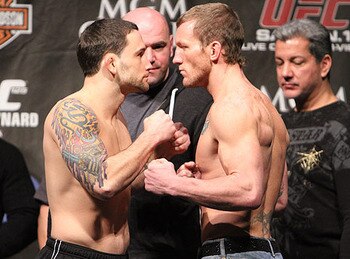 Frankie Edgar (left) squaring off with Gray Maynard/ photo cred: Scott Petersen for MMAWeekly.com