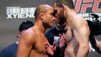 BJ Penn (left) head-to-head with Jon Fitch/ photo cred: James Rees for MMAWeekly.com