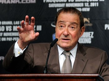 Bob Arum at a press conference for the Pacquiao-Mayweather fight