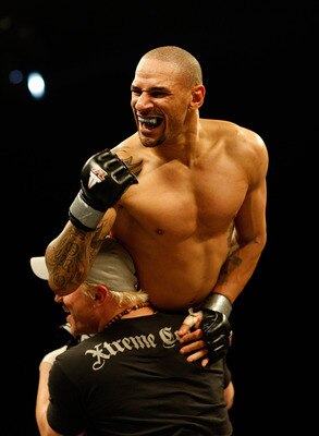 EAST RUTHERFORD, NJ - APRIL 04: Jay Hieron celebrates his win against Mark Miller at the International Fighting League at the Izod Center in East Rutherford, New Jersey on April 4, 2008.  (Photo by Nick Laham/Getty Images)
