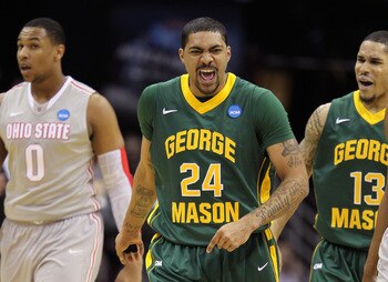 CLEVELAND, OH - MARCH 20: Ryan Pearson #24 of the George Mason Patriots reacts after a foul is called on Jared Sullinger #0 of the Ohio State Buckeyes during the third of the 2011 NCAA men's basketball tournament at Quicken Loans Arena on March 20, 2011 i