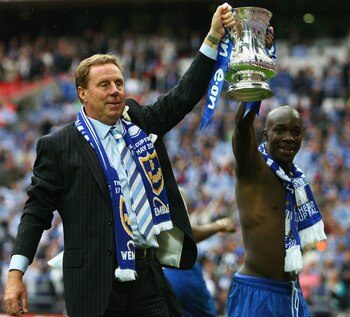 Harry Redknapp and Lassana Diarra hold the FA Cup aloft in 2008 after Portsmouth's 1-0 defeat of Cardiff City.