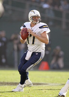 OAKLAND, CA - JANUARY 01:  Philip Rivers #17 of the San Diego Chargers drops back to pass against the Oakland Raiders at O.co Coliseum on January 1, 2012 in Oakland, California.  (Photo by Ezra Shaw/Getty Images)