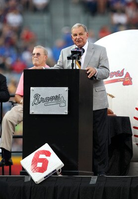 Bobby Cox during the ceremony to retire his number.