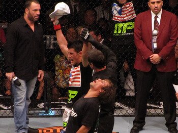 Dominick Cruz celebrates his victory over Urijah Faber - Rob Tatum/The MMA Corner