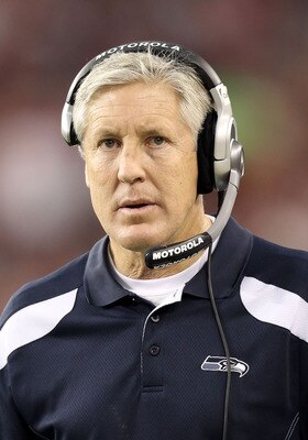 GLENDALE, AZ - JANUARY 01:  Head coach Pete Carroll of the Seattle Seahawks watches from the sidelines during the NFL game against the Arizona Cardinals at the University of Phoenix Stadium on January 1, 2012 in Glendale, Arizona. The Cardinals defeated t