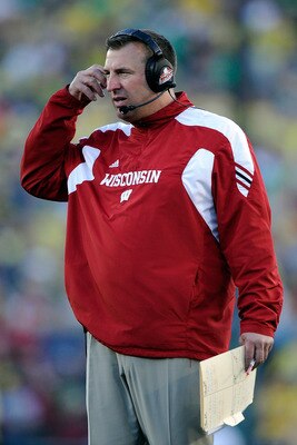 PASADENA, CA - JANUARY 02:  Head coach Bret Bielema of the Wisconsin Badgers looks on as the Badgers take on the Oregon Ducks at the 98th Rose Bowl Game on January 2, 2012 in Pasadena, California.  (Photo by Kevork Djansezian/Getty Images)
