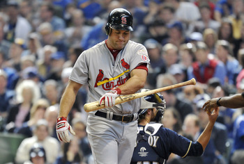 MILWAUKEE, WI - APRIL 7: Lance Berkman #12 of the St. Louis Cardinals reacts after striking out during the second inning against the Milwaukee Brewers at Miller Park on April 7, 2012 in Milwaukee, Wisconsin. Photo by Brian Kersey/Getty Images)