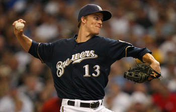 MILWAUKEE, WI - OCTOBER 02: Zack Greinke #13 of the Milwaukee Brewers pitches against the Arizona Diamondbacks during Game Two of the National League Division Series at Miller Park on October 2, 2011 in Milwaukee, Wisconsin. (Photo by Jared Wickerham/Ge