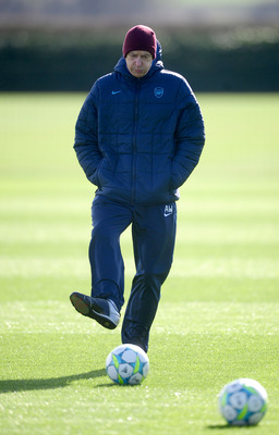 ST ALBANS, ENGLAND - MARCH 05:   Arsene Wenger manager of Arsenal in action during a training session, ahead of their UEFA Champions League match against AC Milan, at London Colney on March 5, 2012 in St Albans, England. (Photo Laurence Griffiths/Getty Im