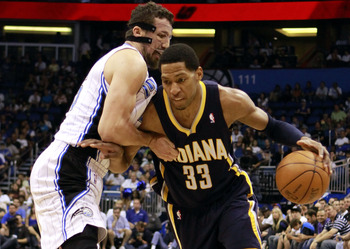 ORLANDO, FL - MAY 05: Forward Danny Granger #33 (R) of the Indiana Pacers drives against Forward Hedo Turkoglu #15 of the Orlando Magic in Game four of the Eastern Conference Quarterfinals in the 2012 NBA Playoffs at Amway Center on May 5, 2012 in Orlando