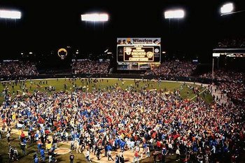 Fans pile on the County Stadium field after Game 5 of the '82 ALCS.